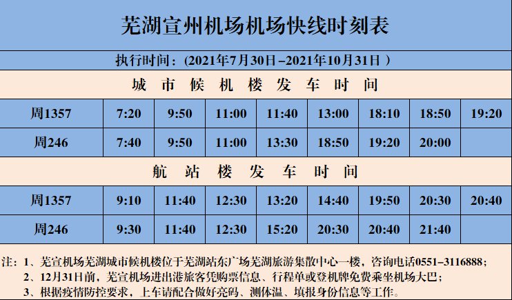 芜湖到芜宣机场机场大巴时刻表(更新中)